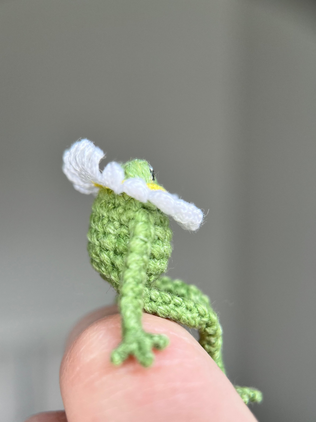 Mini crochet frog with a daisy collar