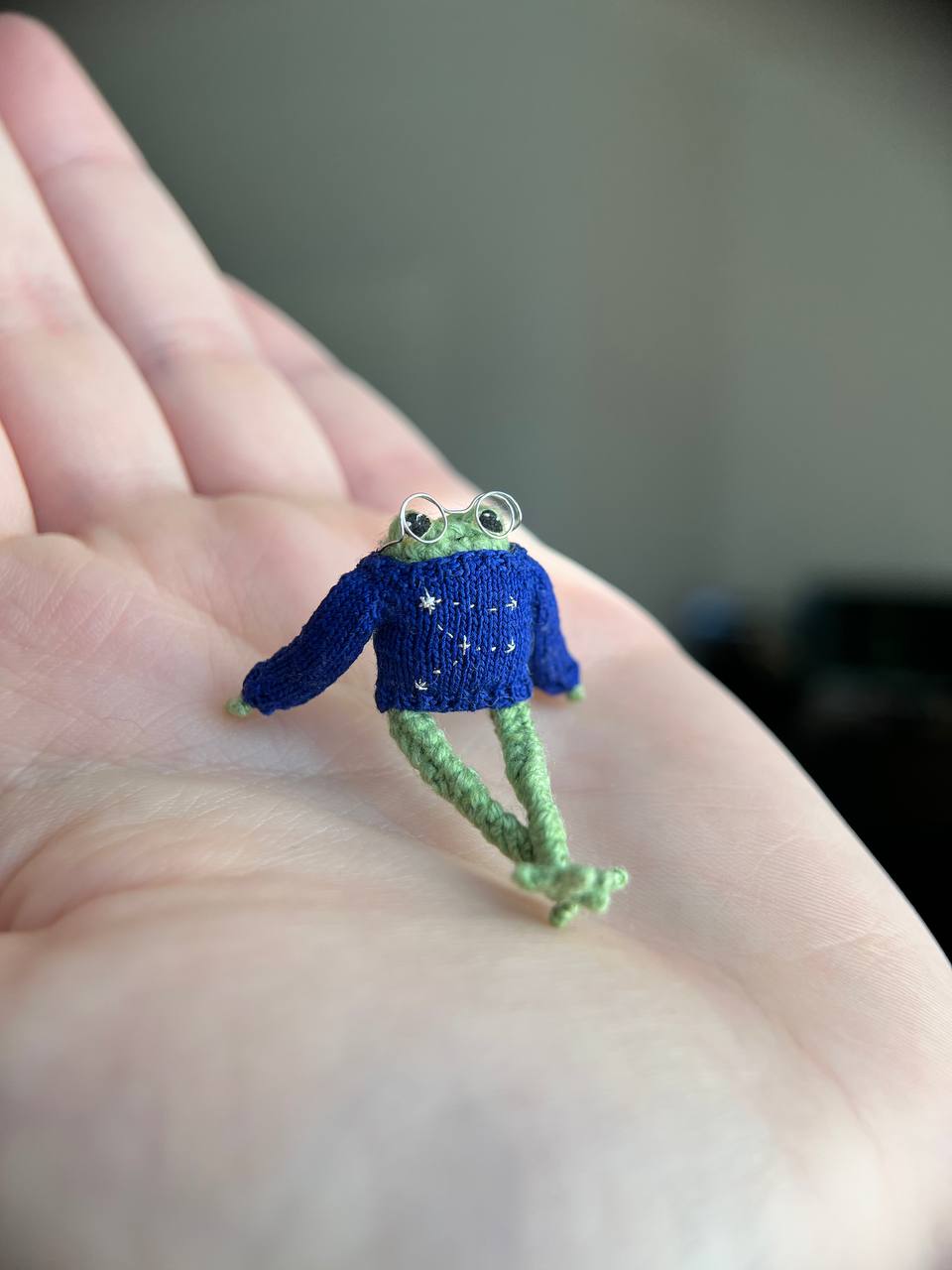 Mini crochet frog in a blue sweter