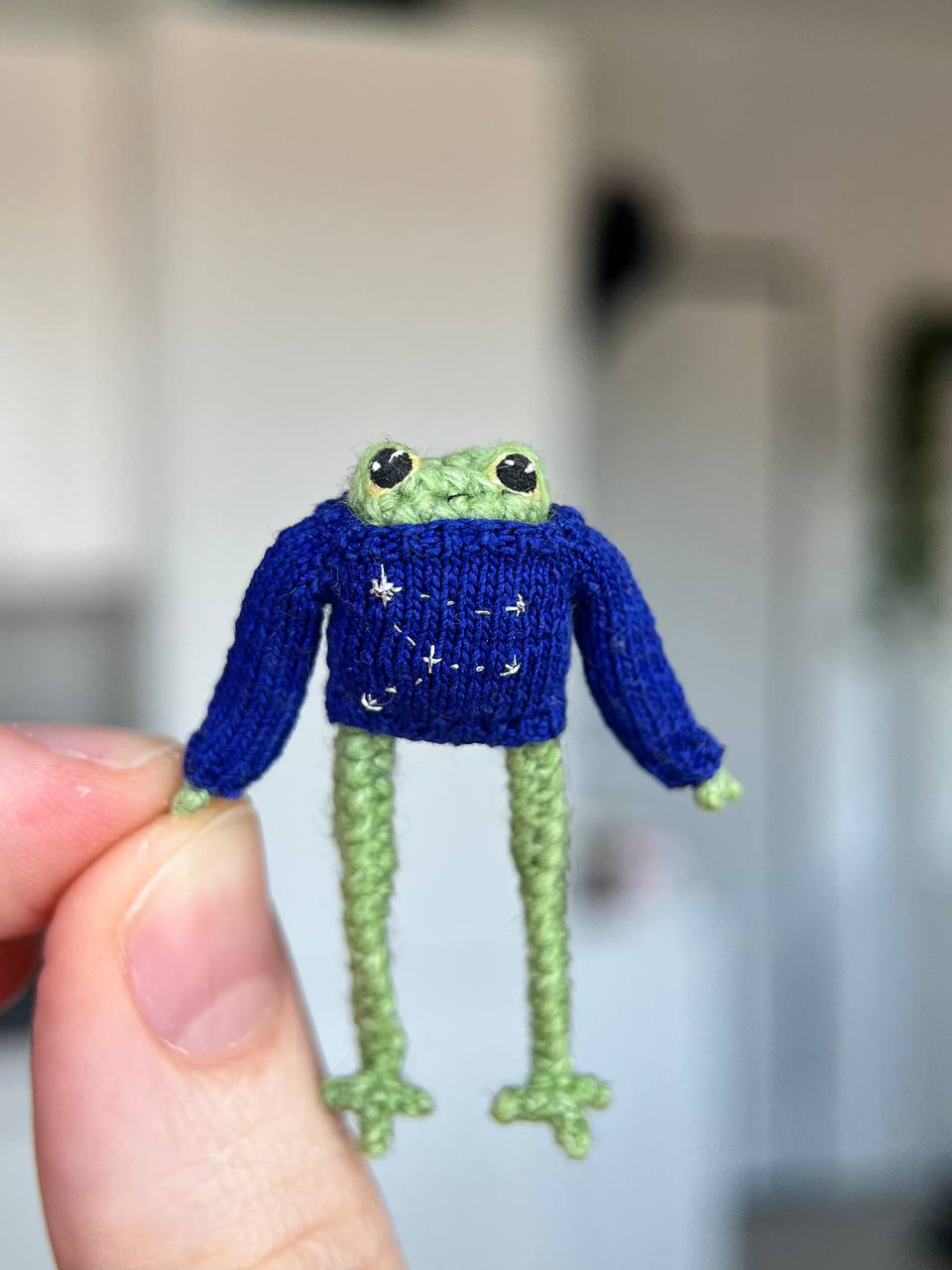 Mini crochet frog in a blue sweter