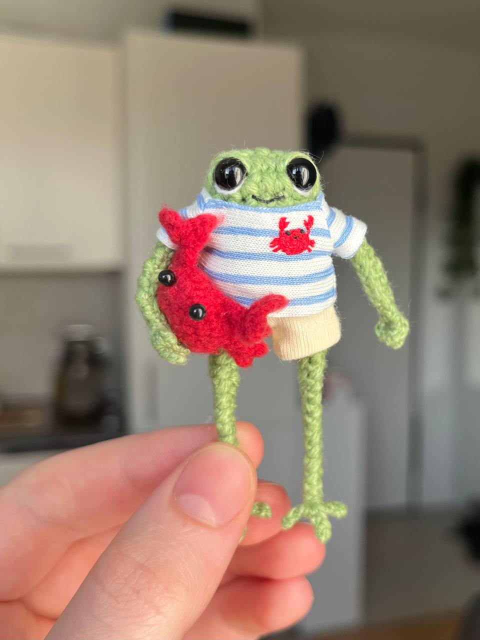 Small frog in a crab outfit