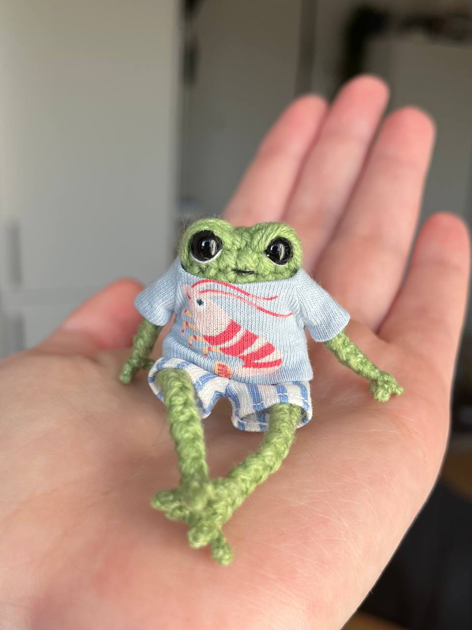 Small crochet frog in a shrimp outfit
